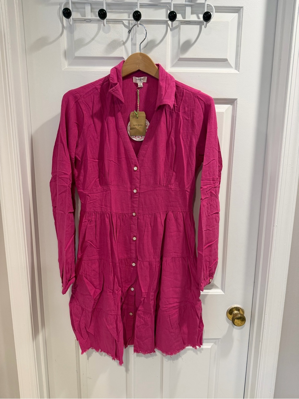 NWT Umgee Boutique  Linen Blend  Dress Fringed Hem Pearl Buttons Dress  Sz M